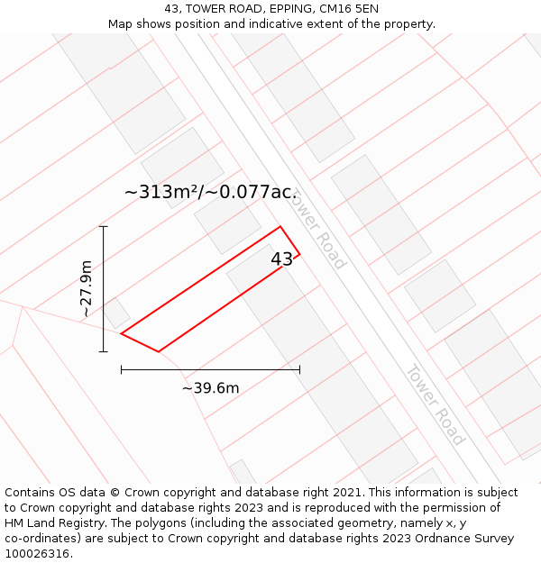43, TOWER ROAD, EPPING, CM16 5EN: Plot and title map