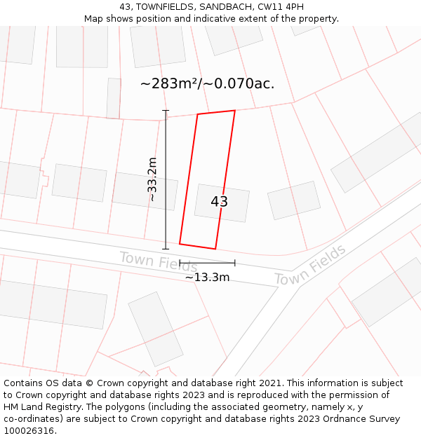 43, TOWNFIELDS, SANDBACH, CW11 4PH: Plot and title map