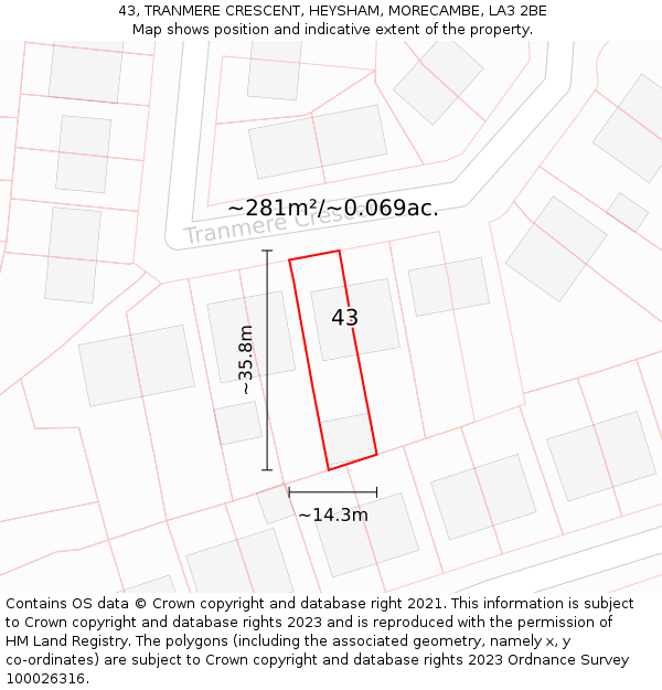 43, TRANMERE CRESCENT, HEYSHAM, MORECAMBE, LA3 2BE: Plot and title map