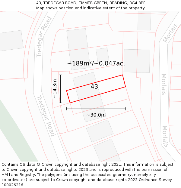 43, TREDEGAR ROAD, EMMER GREEN, READING, RG4 8PF: Plot and title map