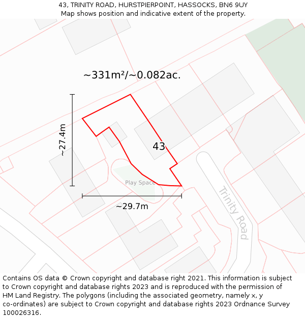 43, TRINITY ROAD, HURSTPIERPOINT, HASSOCKS, BN6 9UY: Plot and title map