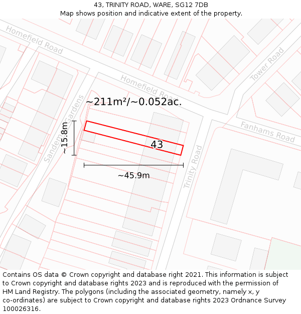 43, TRINITY ROAD, WARE, SG12 7DB: Plot and title map