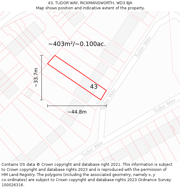 43, TUDOR WAY, RICKMANSWORTH, WD3 8JA: Plot and title map