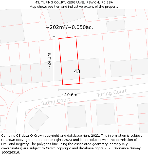 43, TURING COURT, KESGRAVE, IPSWICH, IP5 2BA: Plot and title map