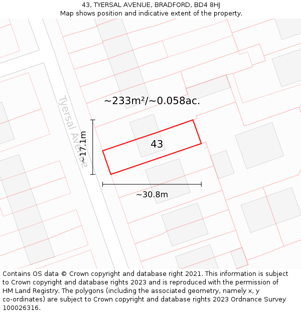 43, TYERSAL AVENUE, BRADFORD, BD4 8HJ: Plot and title map