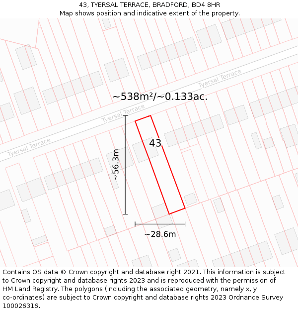 43, TYERSAL TERRACE, BRADFORD, BD4 8HR: Plot and title map