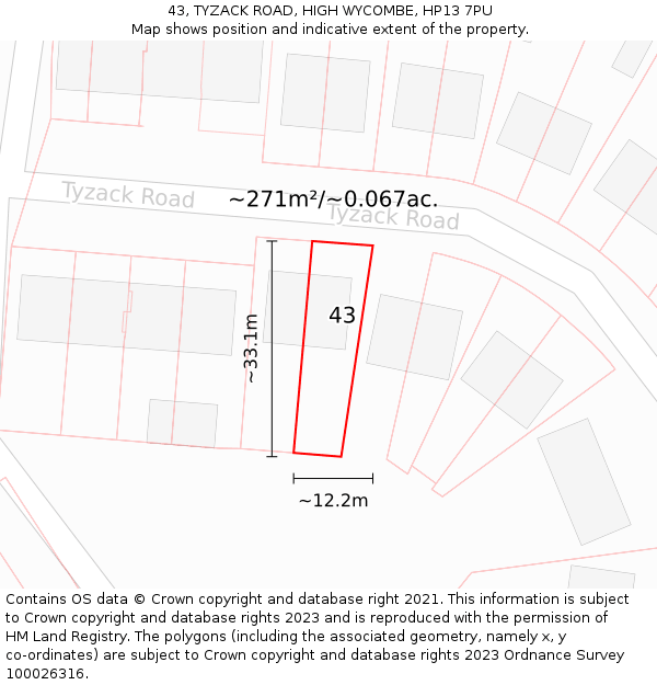 43, TYZACK ROAD, HIGH WYCOMBE, HP13 7PU: Plot and title map