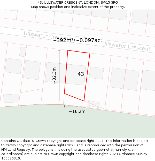 43, ULLSWATER CRESCENT, LONDON, SW15 3RG: Plot and title map