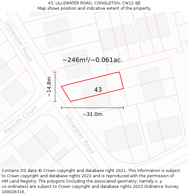 43, ULLSWATER ROAD, CONGLETON, CW12 4JE: Plot and title map