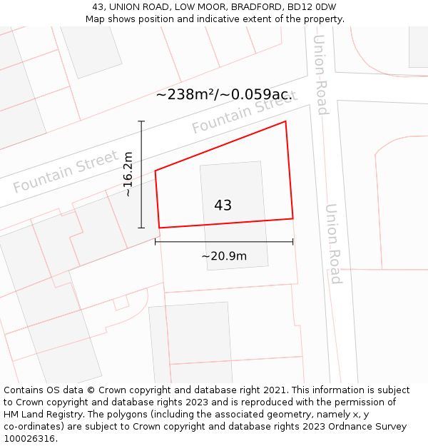 43, UNION ROAD, LOW MOOR, BRADFORD, BD12 0DW: Plot and title map