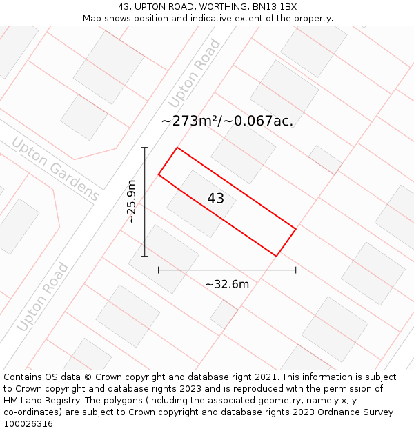 43, UPTON ROAD, WORTHING, BN13 1BX: Plot and title map