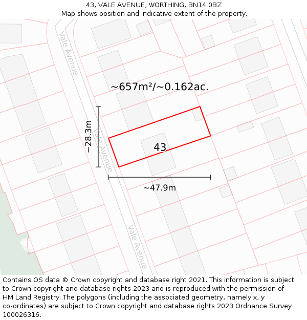 43, VALE AVENUE, WORTHING, BN14 0BZ: Plot and title map