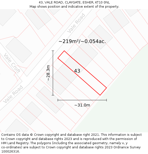 43, VALE ROAD, CLAYGATE, ESHER, KT10 0NL: Plot and title map