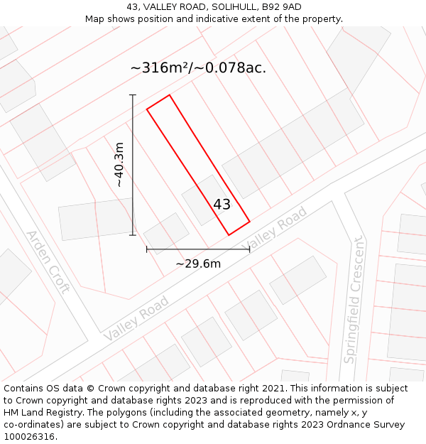 43, VALLEY ROAD, SOLIHULL, B92 9AD: Plot and title map