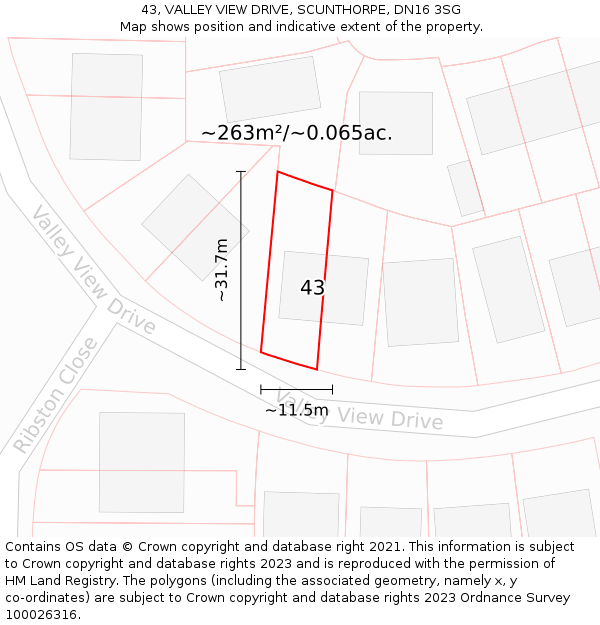 43, VALLEY VIEW DRIVE, SCUNTHORPE, DN16 3SG: Plot and title map