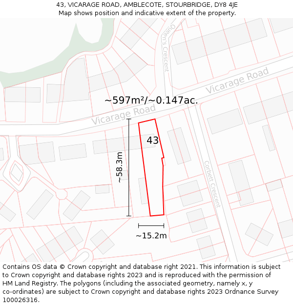 43, VICARAGE ROAD, AMBLECOTE, STOURBRIDGE, DY8 4JE: Plot and title map