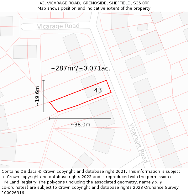 43, VICARAGE ROAD, GRENOSIDE, SHEFFIELD, S35 8RF: Plot and title map