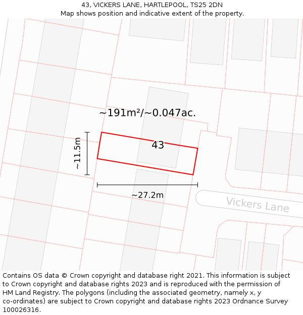43, VICKERS LANE, HARTLEPOOL, TS25 2DN: Plot and title map
