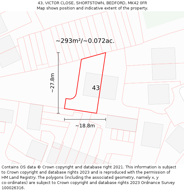 43, VICTOR CLOSE, SHORTSTOWN, BEDFORD, MK42 0FR: Plot and title map