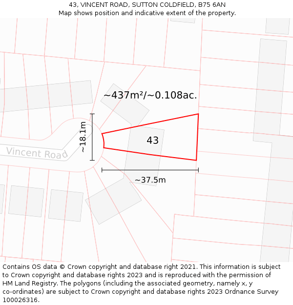 43, VINCENT ROAD, SUTTON COLDFIELD, B75 6AN: Plot and title map