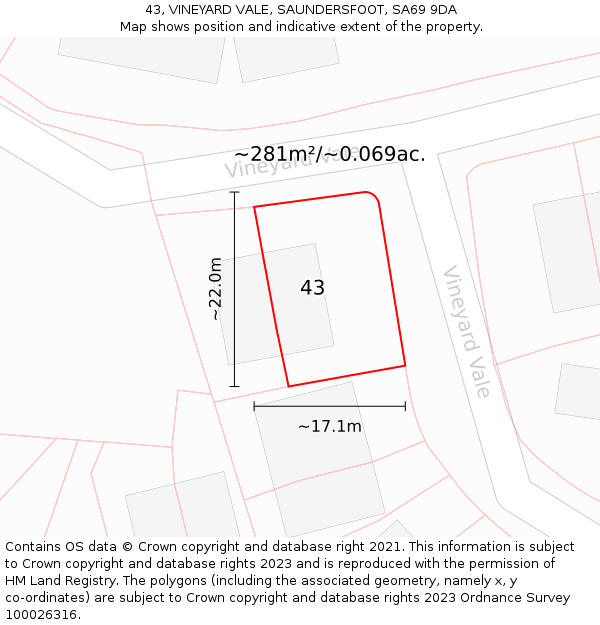 43, VINEYARD VALE, SAUNDERSFOOT, SA69 9DA: Plot and title map