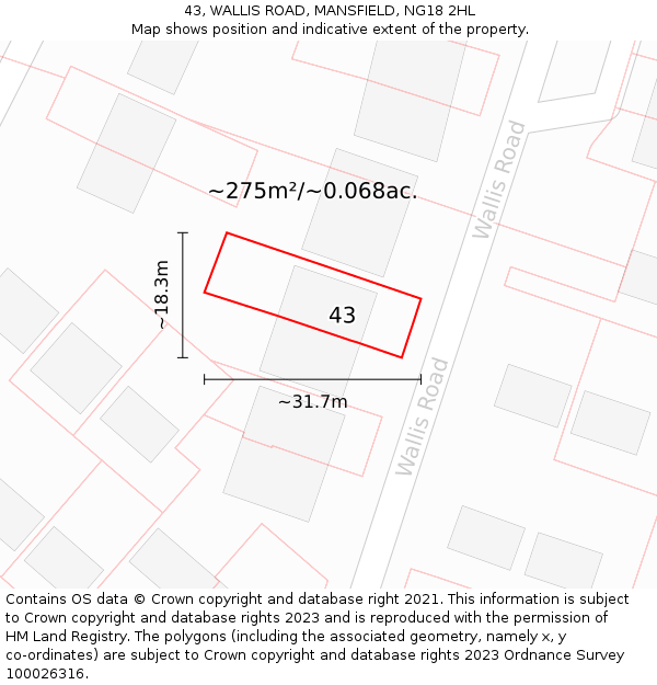 43, WALLIS ROAD, MANSFIELD, NG18 2HL: Plot and title map