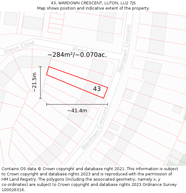 43, WARDOWN CRESCENT, LUTON, LU2 7JS: Plot and title map