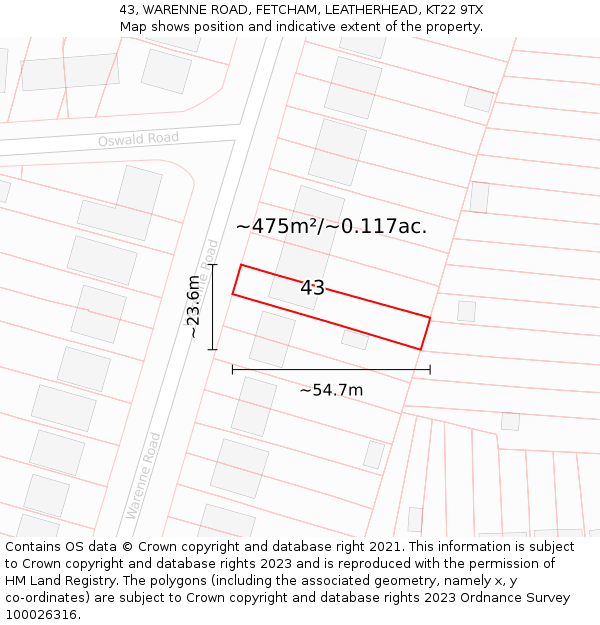 43, WARENNE ROAD, FETCHAM, LEATHERHEAD, KT22 9TX: Plot and title map