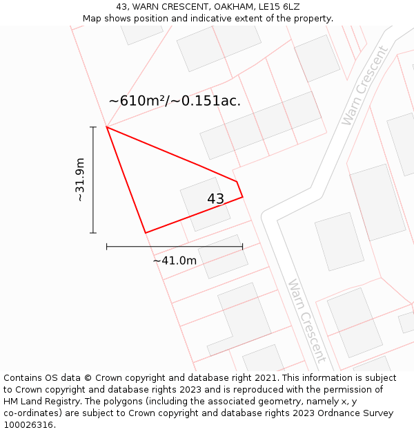 43, WARN CRESCENT, OAKHAM, LE15 6LZ: Plot and title map