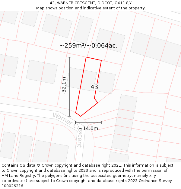 43, WARNER CRESCENT, DIDCOT, OX11 8JY: Plot and title map