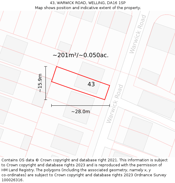 43, WARWICK ROAD, WELLING, DA16 1SP: Plot and title map