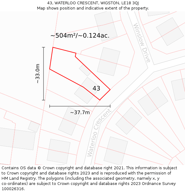 43, WATERLOO CRESCENT, WIGSTON, LE18 3QJ: Plot and title map