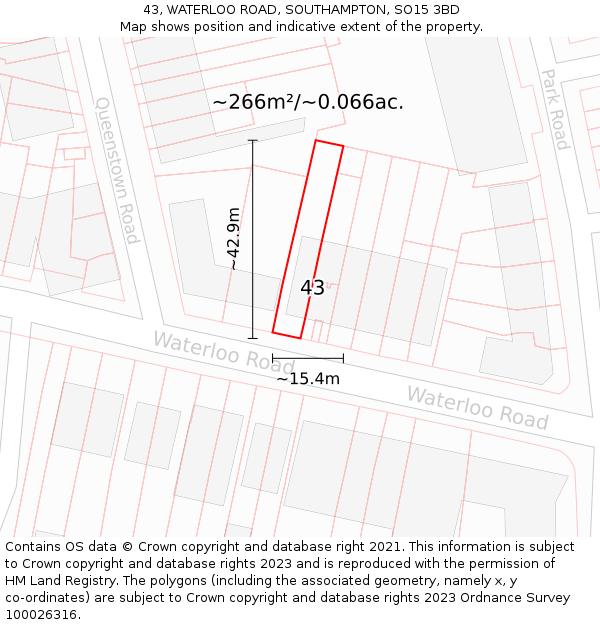 43, WATERLOO ROAD, SOUTHAMPTON, SO15 3BD: Plot and title map