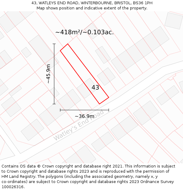 43, WATLEYS END ROAD, WINTERBOURNE, BRISTOL, BS36 1PH: Plot and title map