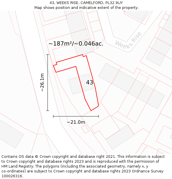 43, WEEKS RISE, CAMELFORD, PL32 9UY: Plot and title map