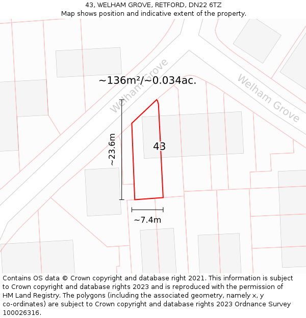 43, WELHAM GROVE, RETFORD, DN22 6TZ: Plot and title map