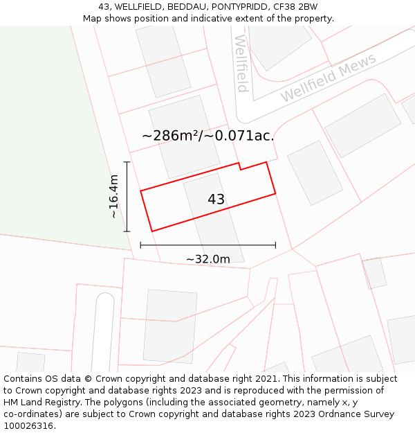 43, WELLFIELD, BEDDAU, PONTYPRIDD, CF38 2BW: Plot and title map