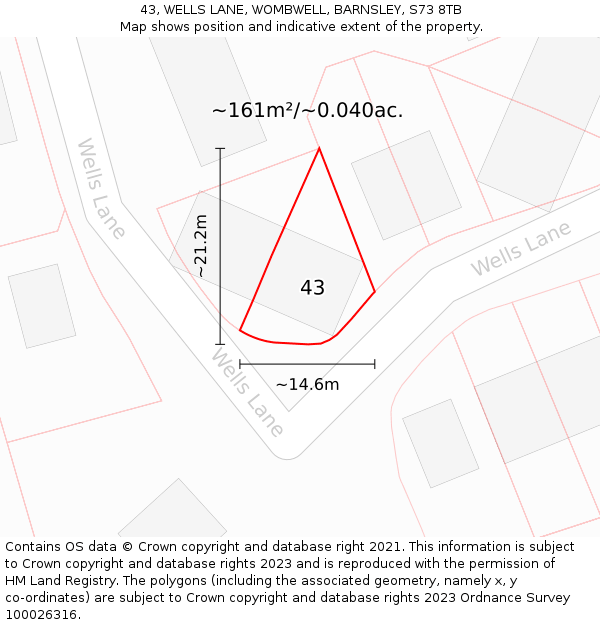43, WELLS LANE, WOMBWELL, BARNSLEY, S73 8TB: Plot and title map