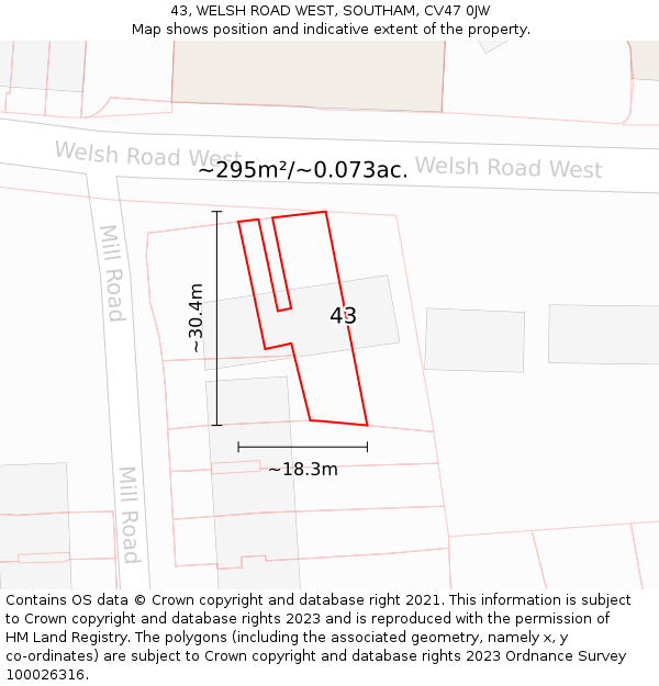 43, WELSH ROAD WEST, SOUTHAM, CV47 0JW: Plot and title map