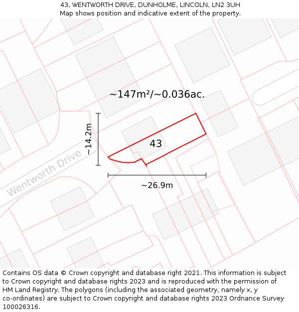 43, WENTWORTH DRIVE, DUNHOLME, LINCOLN, LN2 3UH: Plot and title map