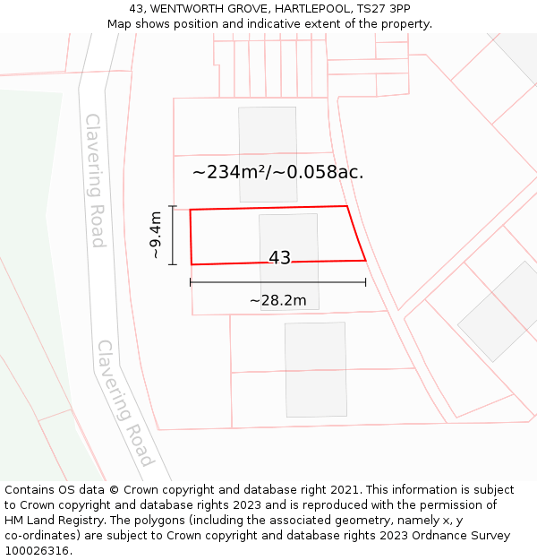 43, WENTWORTH GROVE, HARTLEPOOL, TS27 3PP: Plot and title map