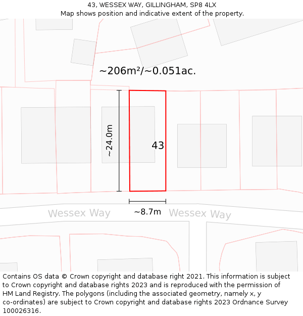 43, WESSEX WAY, GILLINGHAM, SP8 4LX: Plot and title map