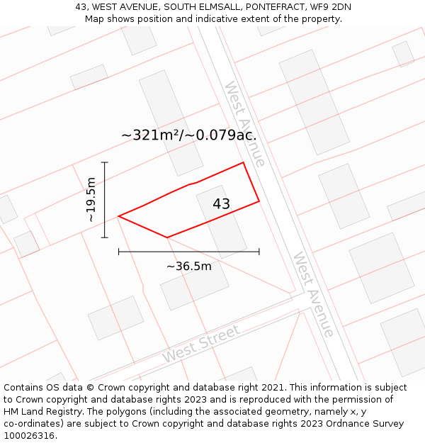 43, WEST AVENUE, SOUTH ELMSALL, PONTEFRACT, WF9 2DN: Plot and title map
