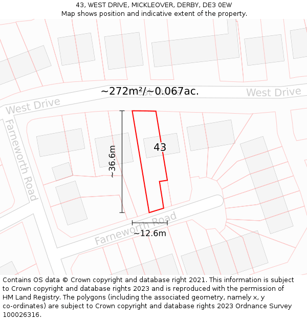43, WEST DRIVE, MICKLEOVER, DERBY, DE3 0EW: Plot and title map
