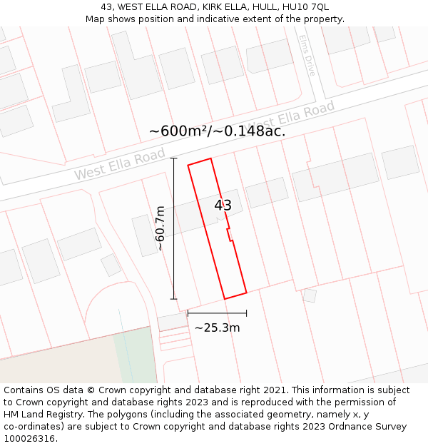 43, WEST ELLA ROAD, KIRK ELLA, HULL, HU10 7QL: Plot and title map