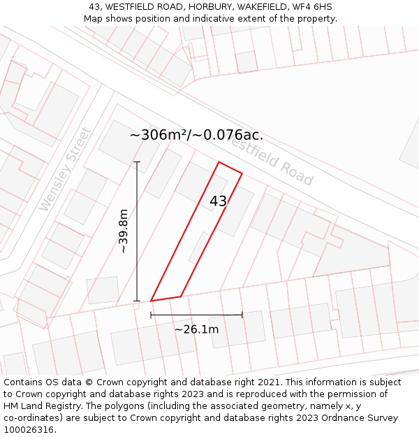 43, WESTFIELD ROAD, HORBURY, WAKEFIELD, WF4 6HS: Plot and title map