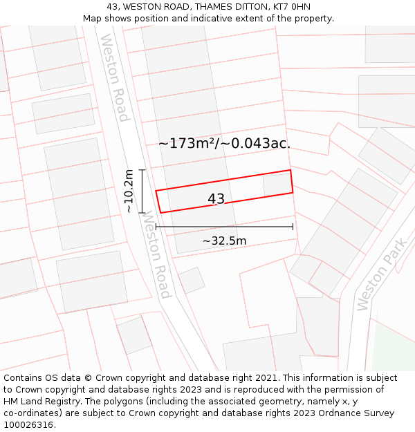 43, WESTON ROAD, THAMES DITTON, KT7 0HN: Plot and title map