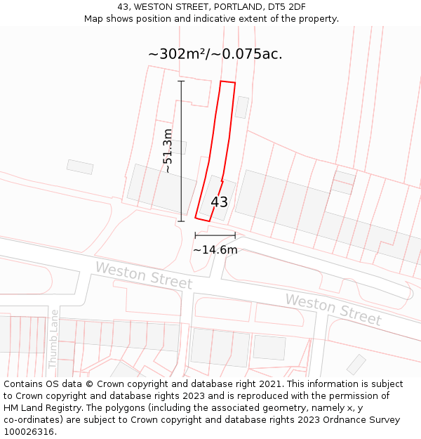 43, WESTON STREET, PORTLAND, DT5 2DF: Plot and title map