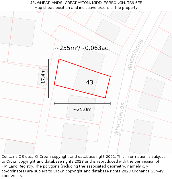 43, WHEATLANDS, GREAT AYTON, MIDDLESBROUGH, TS9 6EB: Plot and title map