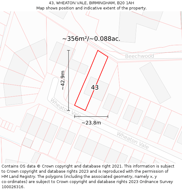 43, WHEATON VALE, BIRMINGHAM, B20 1AH: Plot and title map